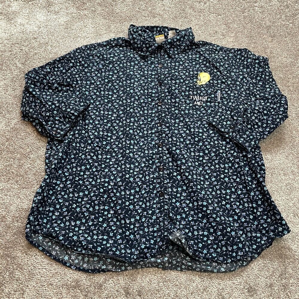 Looney Tunes Button Up Shirt Blouse Womens 22W / 24W Blue Tweety Bird Collared